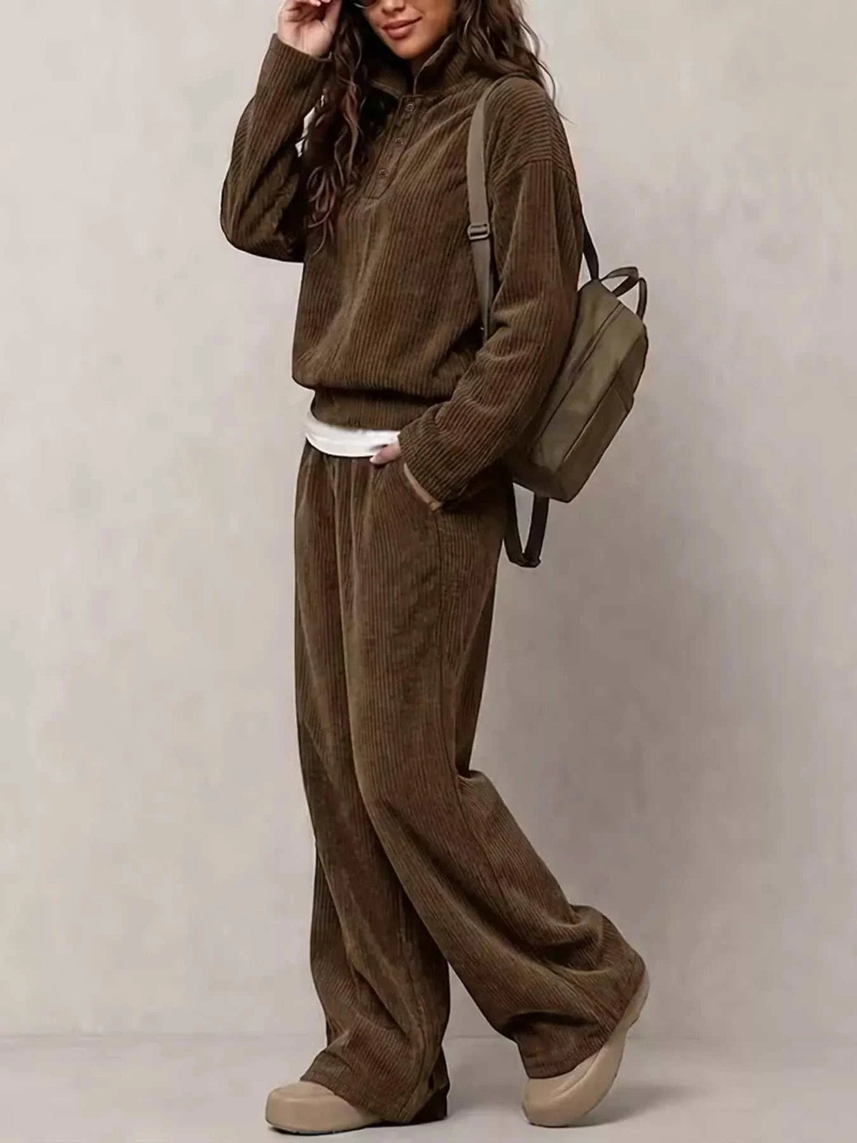 Corduroy Button Detail Top and wide-leg pants set in brown ribbed fabric, with a relaxed fit and matching pieces.