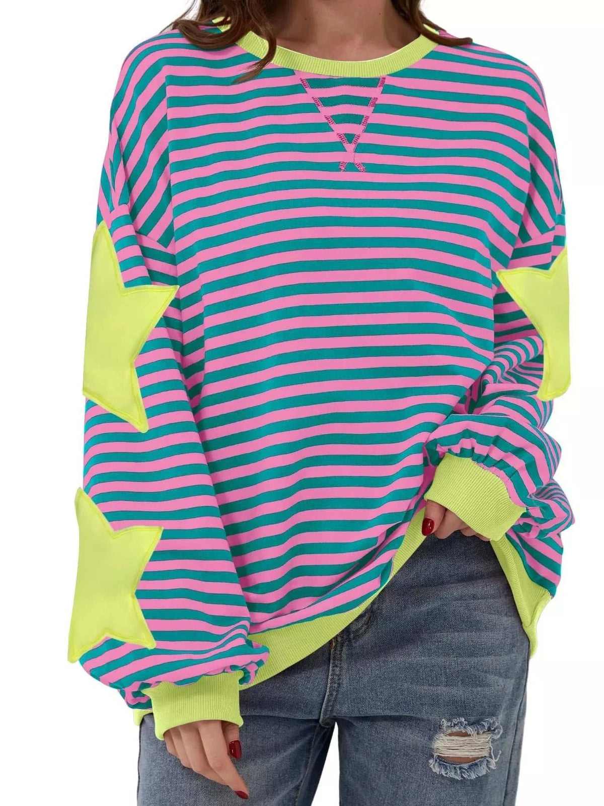 Full Size Star Patch oversized sweatshirt in pink and teal stripes with neon lime star patches, cuffs, and neckline.