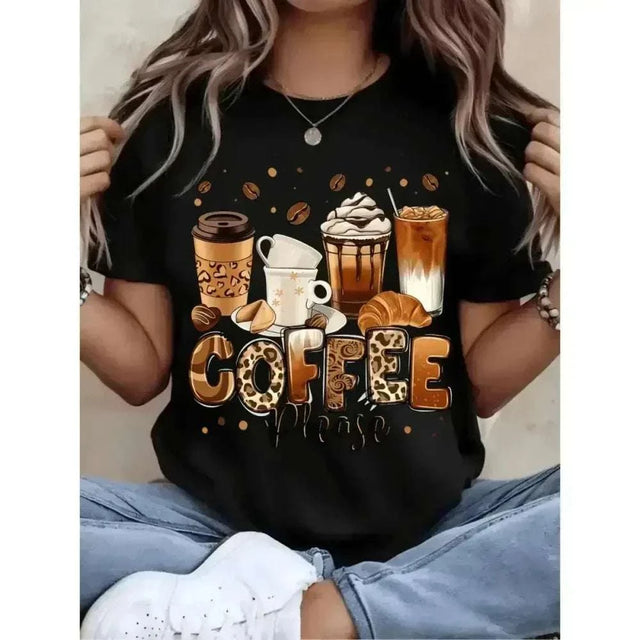 Coffee Graphic Cotton T-Shirt in black with a large tan coffee-themed print featuring cups, beans, and pastries
